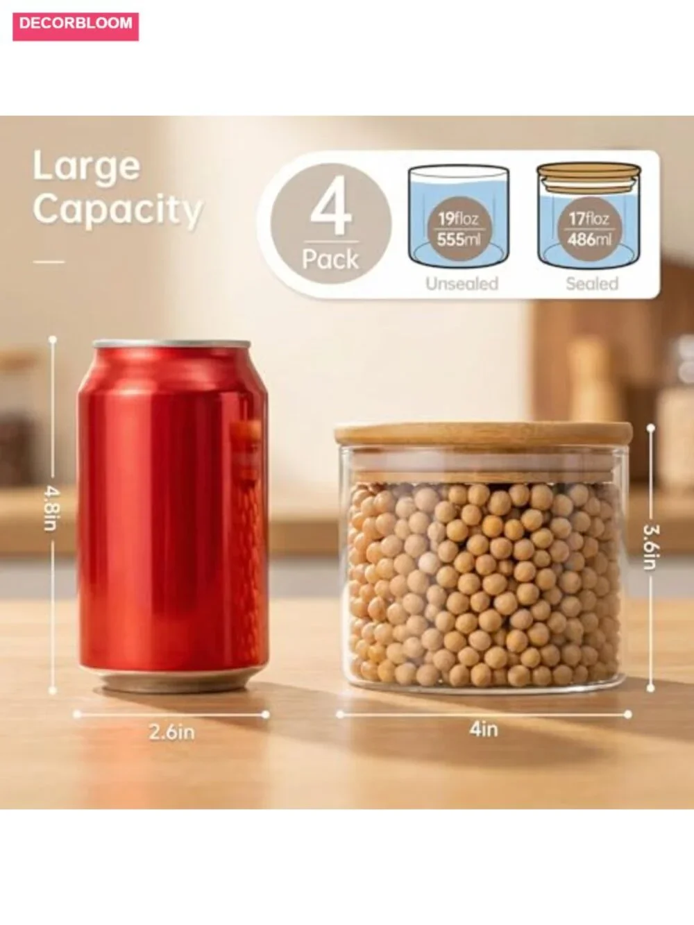 4 Pack 17oz Glass Jars with Bamboo Lids, Airtight Food Storage Containers